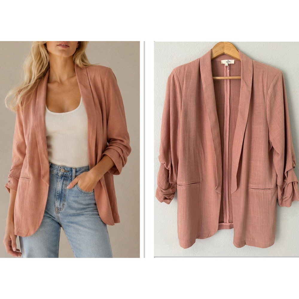 Entro Women Ruched Sleeve Linen Blend Blazer Large Dusty Rose Pink Open Front